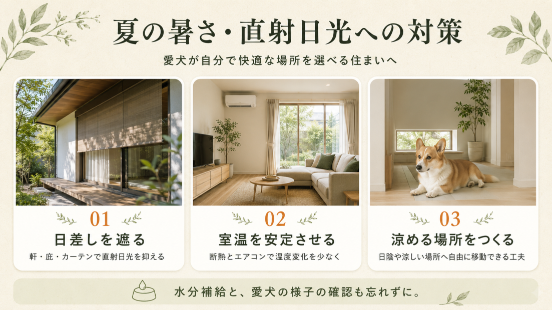 愛犬の夏の暑さ対策として、日差しを遮る、室温を安定させる、涼める場所をつくる3つの住宅設計の工夫