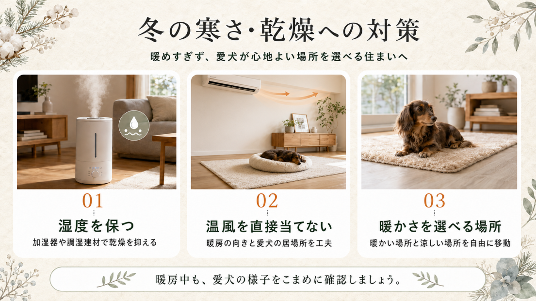 愛犬の冬の室内環境対策として、湿度を保つ、温風を直接当てない、暖かさを選べる場所をつくる3つの住宅設計の工夫