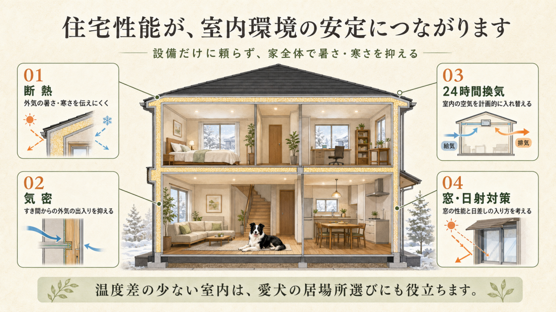 断熱・気密・24時間換気・窓と日射対策によって室内環境を安定させる住宅性能と、室内でくつろぐハスキー