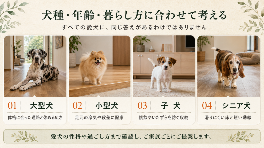 大型犬・小型犬・子犬・シニア犬の体格や年齢に合わせた愛犬家住宅の通路、段差、収納、床と動線の工夫