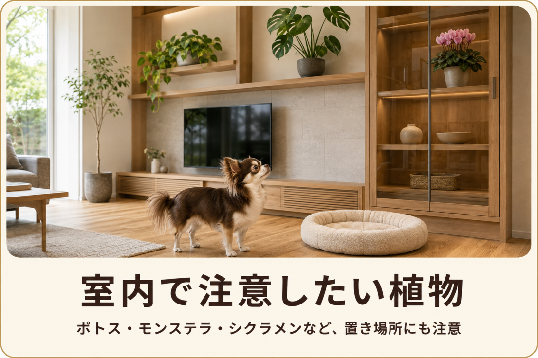 ポトスやモンステラなど犬に危険な室内植物を届かない場所に置いた愛犬家住宅