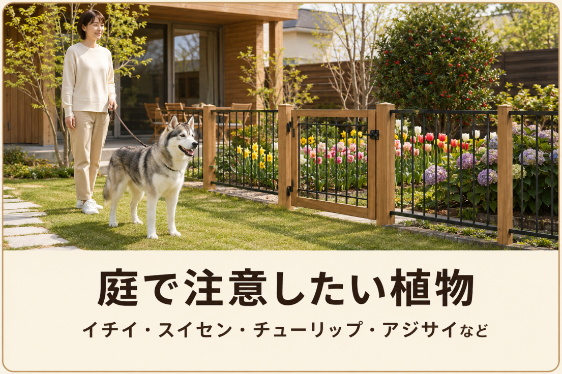 イチイやスイセンなど犬に危険な庭の植物を柵で分けた愛犬家住宅