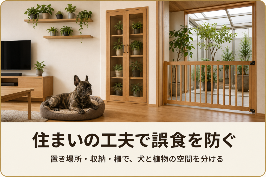 高い棚と扉付き収納とペットゲートで犬と植物の空間を分けた愛犬家住宅