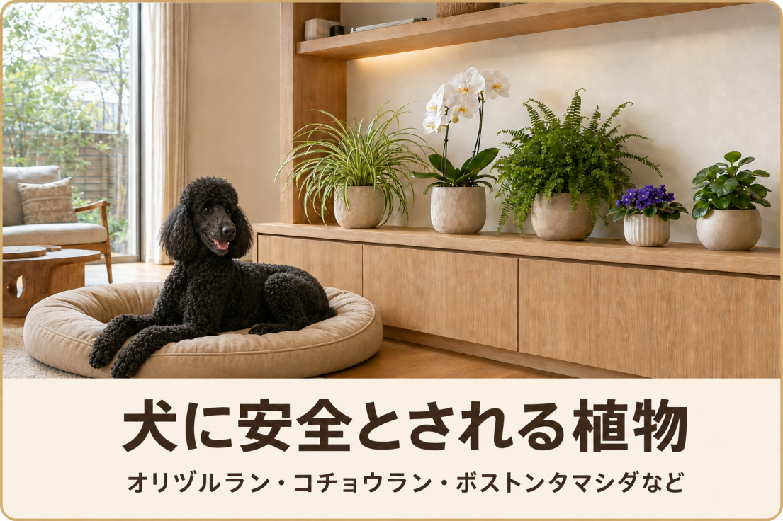 犬に安全とされる植物のある室内でくつろぐスタンダードプードル