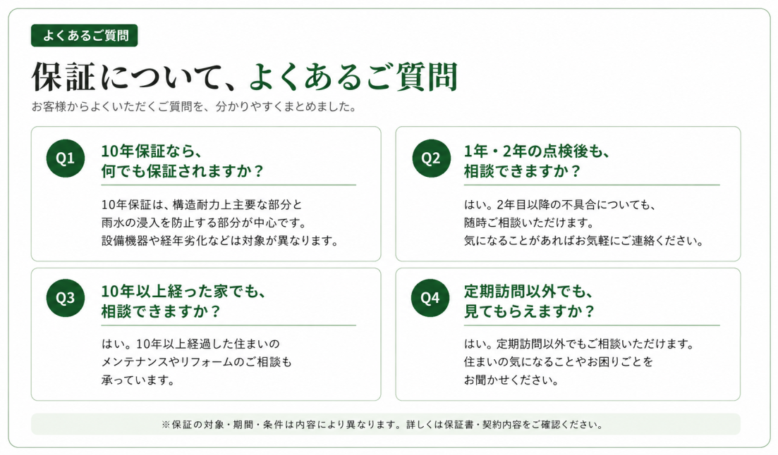 さとうホームの住宅保証に関するよくある質問・10年保証と定期点検・アフターサポート