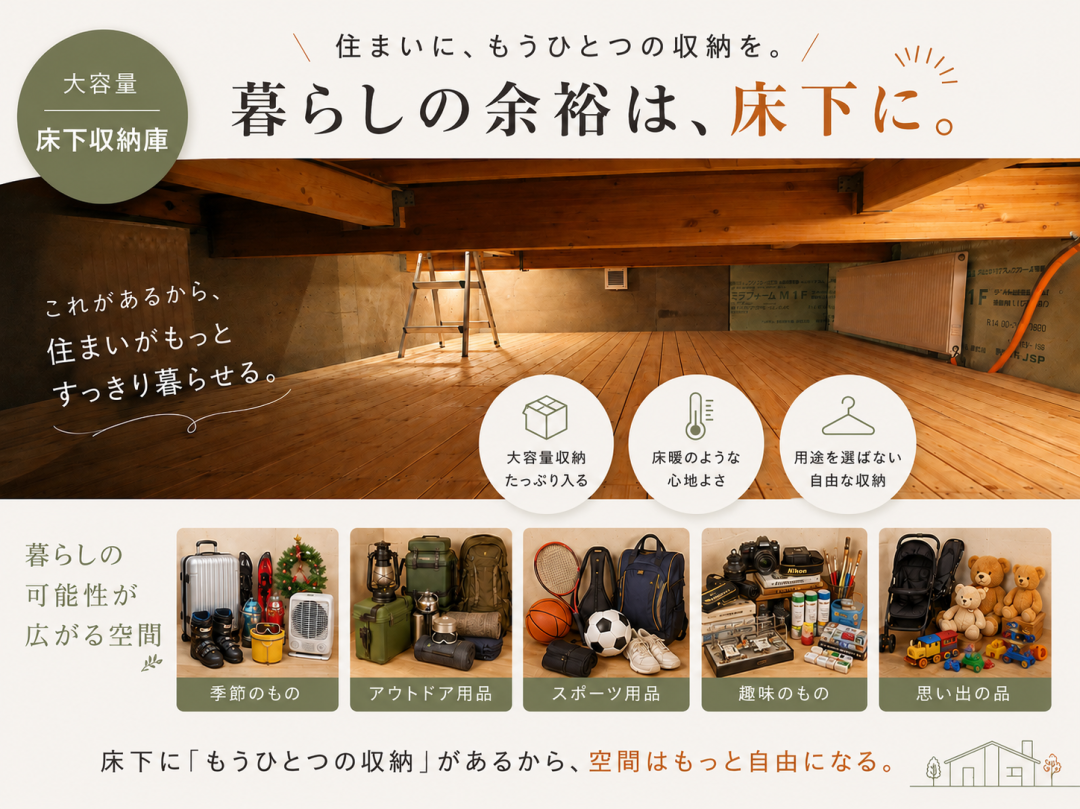 大容量の床下収納が生活空間をスッキリさせてくれる