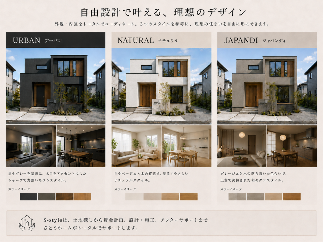 S-styleの外観・内装デザイン例｜アーバン・ナチュラル・ジャパンディ