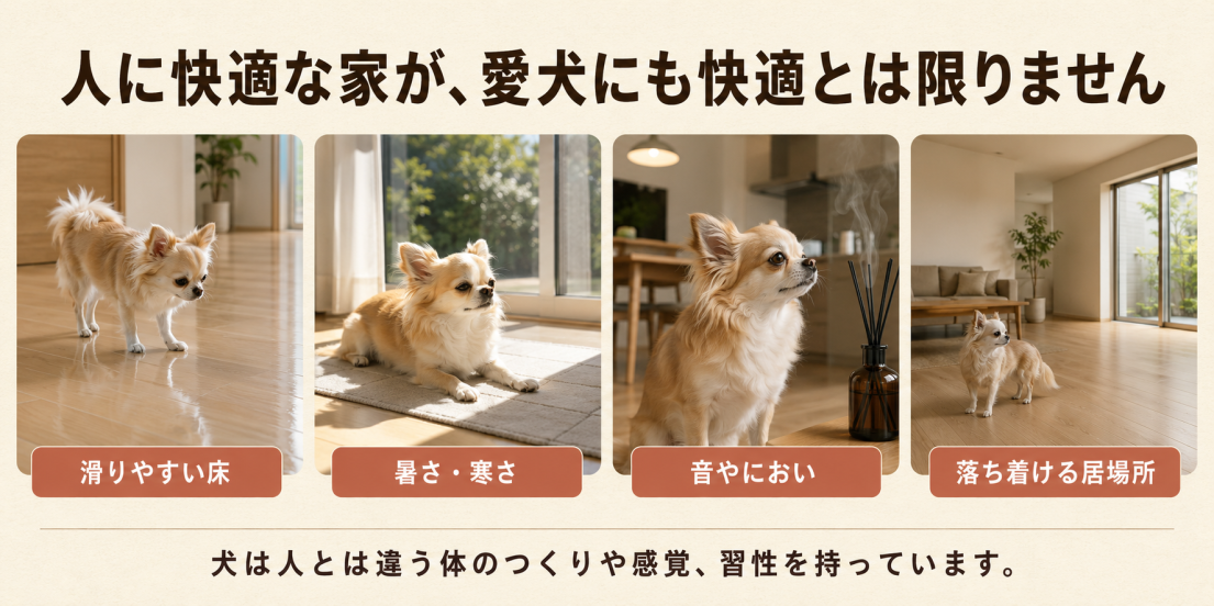 人と犬の快適さの違いと、滑りやすい床・室温・音やにおい・居場所の注意点