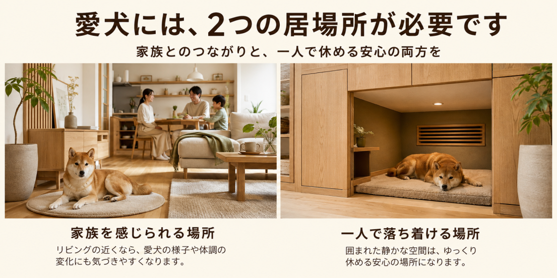 愛犬に必要な家族を感じられる場所と一人で落ち着いて休める場所