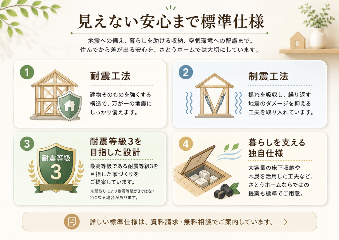 見えないところまで安心の標準仕様です。地震の備えや暮らしを守る安心パッケージがさとうホームの標準です