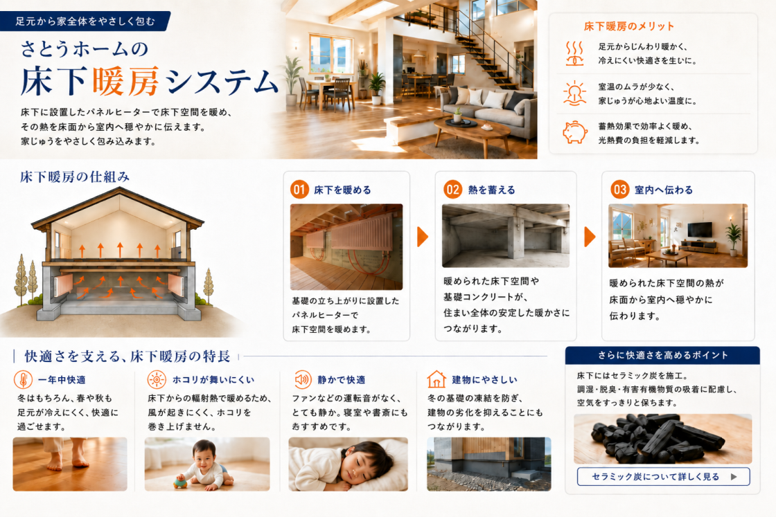 基礎の立ち上がりに設置したパネルヒーターで床下空間を暖める床下暖房システム