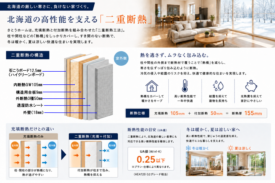充填断熱105mmと付加断熱50mmを組み合わせた二重断熱とUA値0.25以下の高断熱住宅