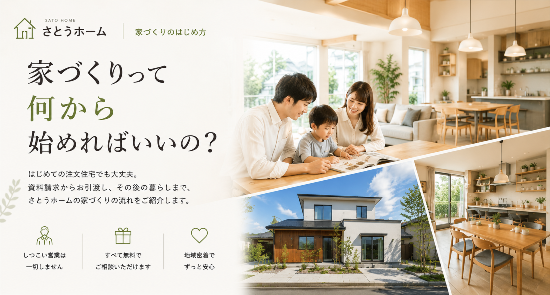 札幌の工務店さとうホームによる注文住宅の家づくり紹介。資料請求から完成までの流れを案内するトップビジュアル