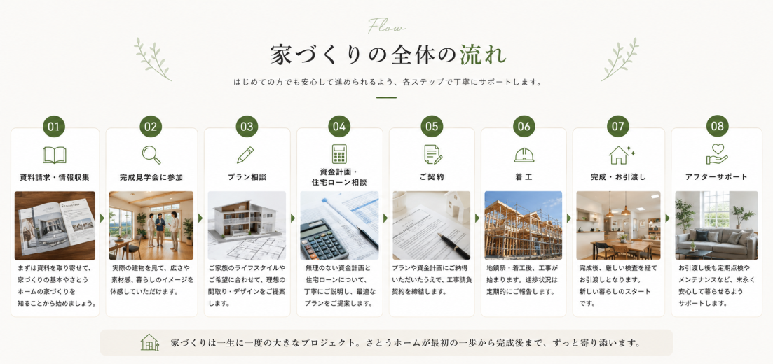 札幌の工務店さとうホームによる注文住宅の全体的な流れを紹介。資料請求から完成・アフターサポートまでをわかりやすく案内