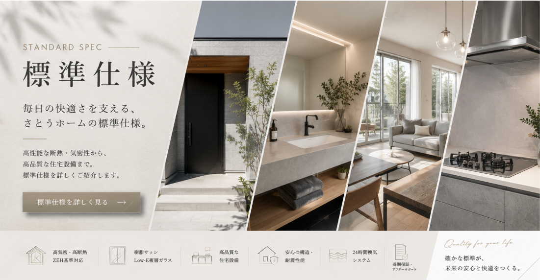 さとうホームの標準仕様を紹介するページへの案内バナー。断熱性能・住宅設備・構造・換気システムなど、快適で安心な住まいを支える標準仕様を、洗練されたデザインと写真でわかりやすく表現