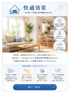 高気密・高断熱で夏は涼しく冬は暖かい、一年中快適な住宅性能の紹介