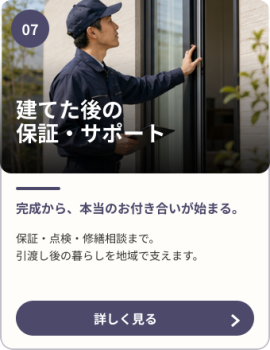 完成住宅を点検するスタッフと、引渡し後の保証・点検・修繕サポートの紹介